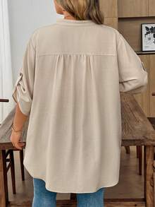 SHEIN CURVE+ Áo sơ mi đen tay xắn cổ tay cho người size lớn, thanh lịch, đi nghỉ, cơ bản - Màu be - Xem 2