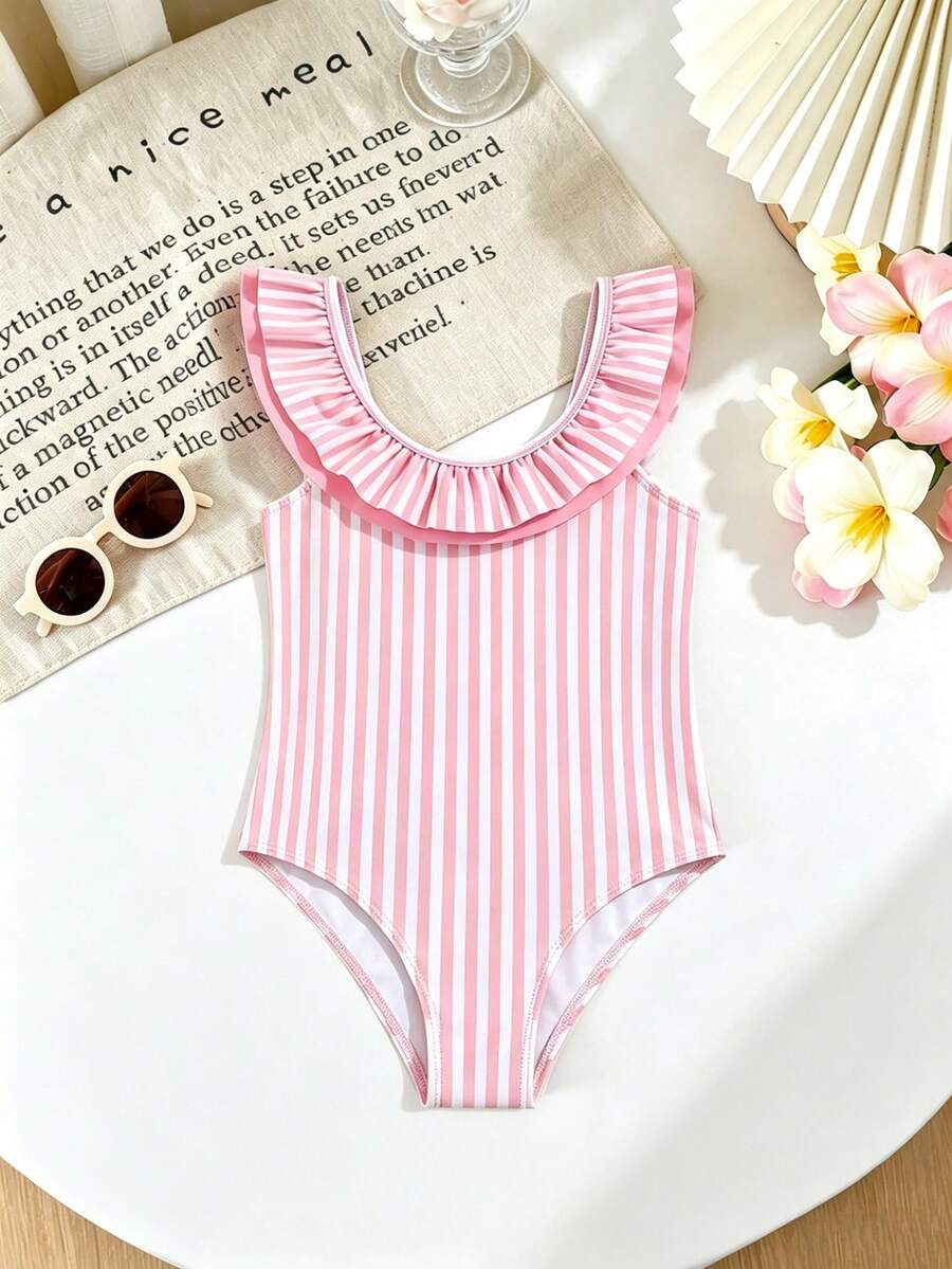 SHEIN 女婴春夏秋季数码印花荷叶边连体泳衣，适合海滩度假