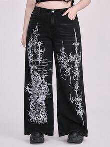 ROMWE Grunge Punk Celana Jeans Wanita Ukuran Besar Model Lurus Ekstra Panjang Motif Punk dengan Duri dan Salib Bunda Maria, Cetakan Inggris. - Hitam - View 1