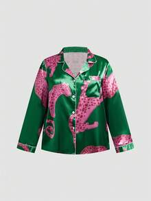 Chillnights Plus Size Leopard Animal Print Lapel Collar Women Satin Pajama Set - Multicolor - View 3