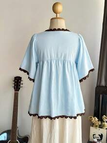 Sunspun Áo kiểu casual đi du lịch size lớn, thiết kế kiểm soát bụng - Màu xanh lam - Xem 2