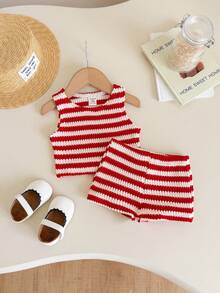 SHEIN LMoss Kids Baby Girl Casual Summer Cute Striped Tank Top And Elastic Waist Shorts Set - Red and White - View 4