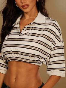 Denimoi Cropped Cinched Waist Striped Polo Shirt - Apricot - View 2