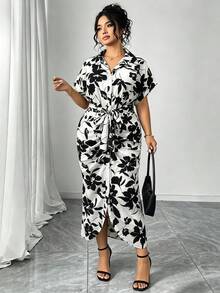 Elenzga Plus Size Black And White Floral Print Cinched Cinched Waist Pleated Midi Shirt Dress - Black and White - View 3