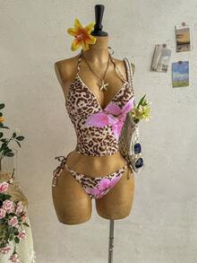 Soleia Set Baju Renang Tankini Wanita Musim Panas Motif Bunga Leopard untuk Pantai - MultiWarna - View 4