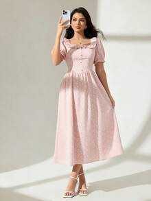 Modelyn Đầm midi nữ cổ vuông, eo bèo nhún, tay ngắn phồng, màu đỏ rượu vang họa tiết chấm bi - Màu Hồng baby - Xem 8