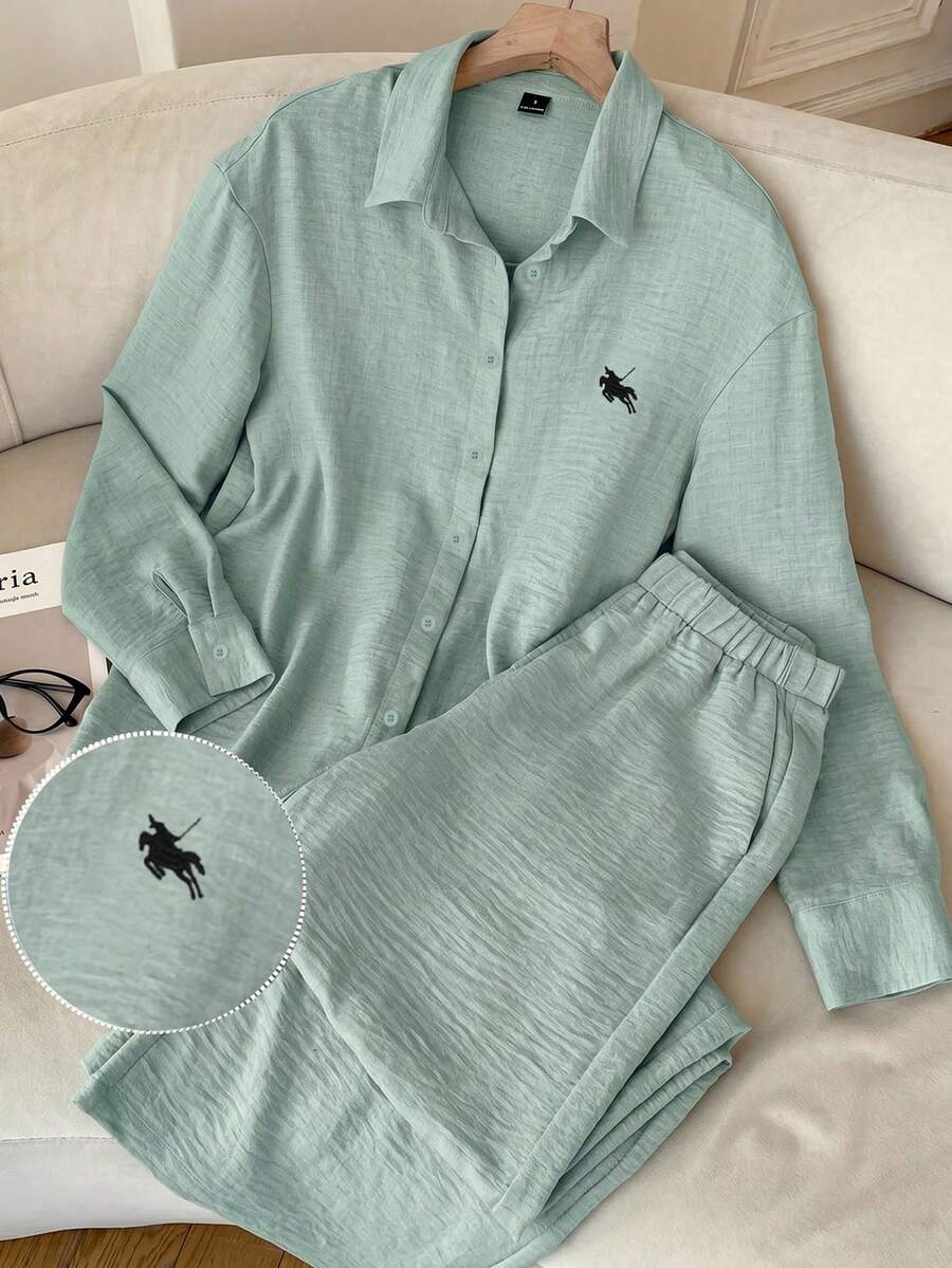 SHEIN EZwear 薄荷绿梭织刺绣纽扣长袖衬衫和斜插口袋长裤休闲套装 - 薄荷綠 - 查看 1