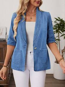 EMERY ROSE Plus Size Women Lapel Half Sleeve Casual Business Casual Denim Jacket Office Light Blue Autumn - Blue - View 1