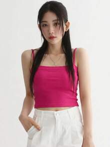 DAZY 女款素色羅紋休閒細肩帶背心 夏季 - 中紫紅色 - 查看 5