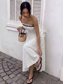 SHEIN PariChic Women's Woven White With Black Polka Dots Frill Trim Contrast Lace Elegant Tropical Vacation Summer Strapless Dress Vacation - Black and White - View 4