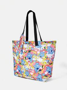 SHEIN X Care Bears 1件時尚輕便可折疊印花圖案托特包，購物袋，便攜式單肩包，卡片收納袋，適用於旅行和購物等 - 粉藍 - 查看 3