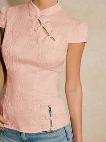 Poéselle New Chinese Style Waist-Cinched Cheongsam Top - Pink - View 4