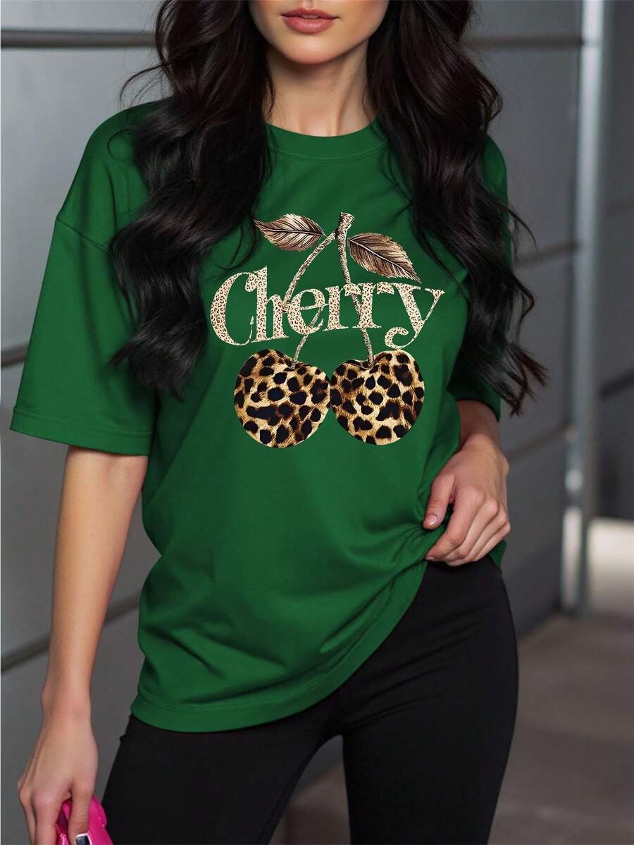 NostaNoir Fashion Leopard Print And Cherry Pattern Crew Neck Short Sleeve Women's Top, Versatile And Streetwear - Dark Green - View 1