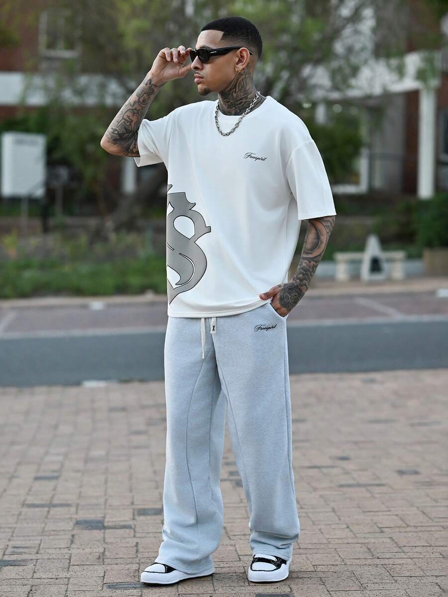 Devon Thys Men's Casual Street-Style Popular Ins Matching "Freespirit" Printed Long Sleeve T-Shirt And Pants Set, Suitable For Daily Wear, Home, Games, Outdoor Music Festivals, Outings, Hangouts With Friends, Gifts For Boyfriends/Husbands, Anniversary Gifts Men S 2 Pieces Set Men's 2 Pieces Outfits White Men's Lounge Set Men's Athletic Set Men's Casual Set - Multicolor - View 1