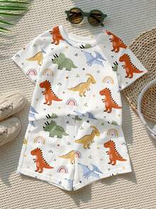 Baby Boy Casual Minimalist T-Shirt Set Suitable For Summer, Classic Cute Cartoon Hand-Drawn Fairy Tale Animal World Pattern Print, Lion, Elephant, Hippo, Giraffe, Crocodile, Hand-Drawn Animal Pattern Print, Hand-Drawn Star, Rainbow Pattern Print, Suitable For Spring And Summer - Multicolor - View 3