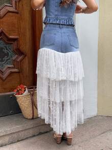 Rivivi Women's Contrast Color Lace Patchwork Denim Mini Skirt - Blue - View 2