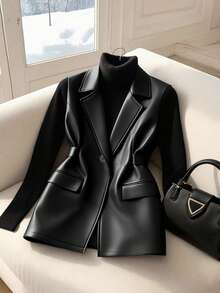 GlowEve Women's Solid Color Lapel NeckSingle-Breasted PU Leather Vest Jacket - Black - View 3
