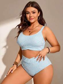 Swim Chiccia Women's Plus Size 2-Piece Textured Fabric Spaghetti Strap Triangle Bikini Set For Vacation Beach Blue And White Summer Sexy - Multicolor - View 4