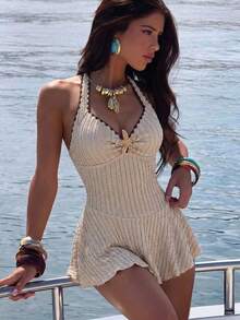Swim Lushoire Vestido de baño con cuello halter, decoración de metal y ribete de contraste para mujer, adecuado para vacaciones de verano y playa - Caqui - Ver 4
