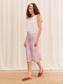 lacRébo Falda midi de rayas lilas con estampado floral y delicado lazo en la cintura, falda casual de negocios para vacaciones de verano - Lila Púrpura - Ver 4