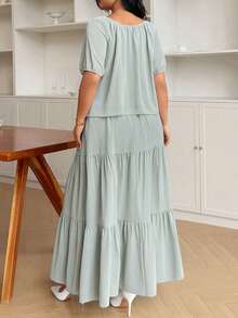 Modelyn Plus Size 2 Pieces Set: Chiffon Top And Woven Skirt, Suitable For Everyday Wear And Gatherings In Spring/Summer - Green - View 3
