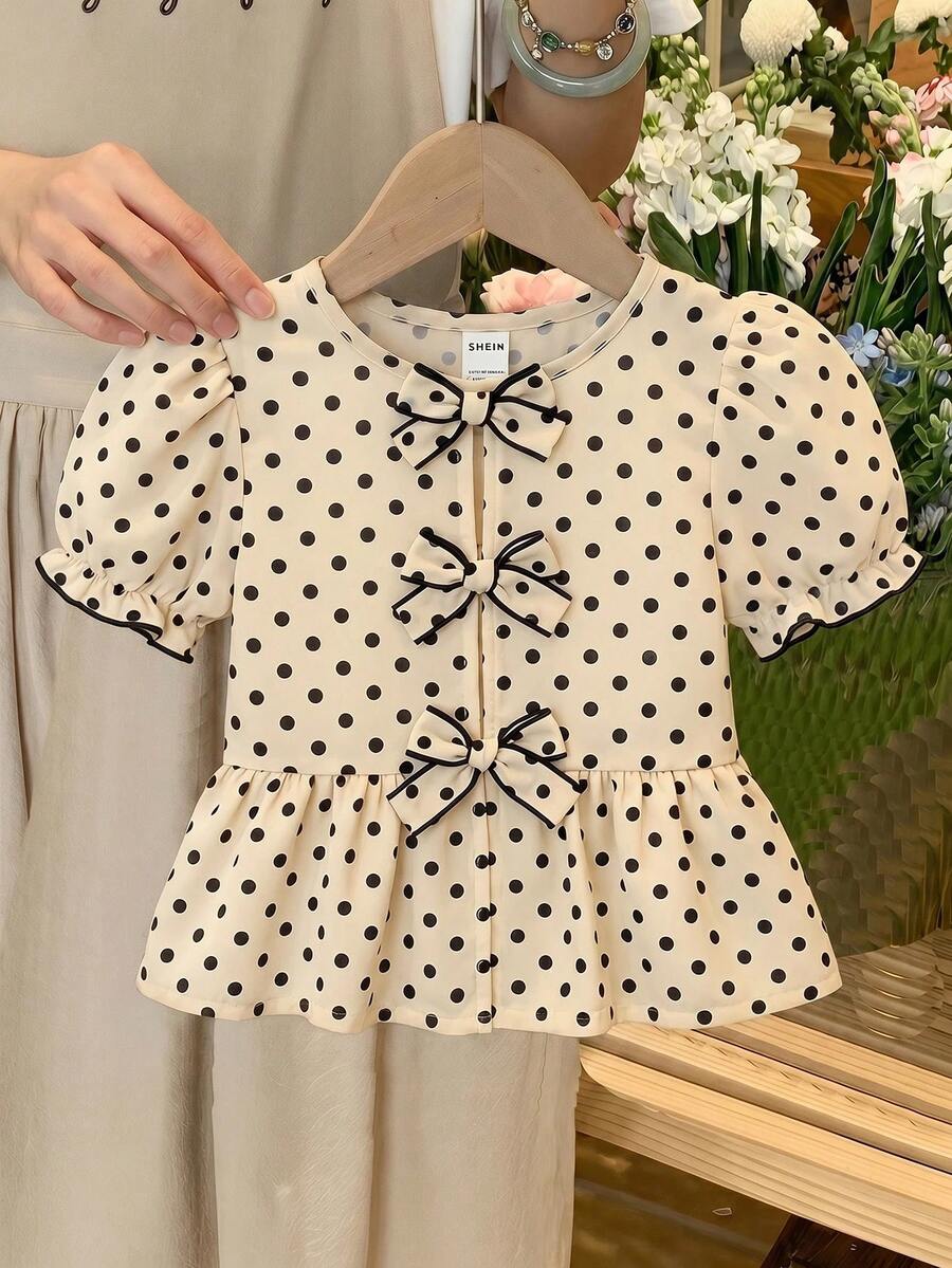 SHEIN LMoss Kids 女童休闲波点圆领短袖套头衫 - 彩色 - 查看 1