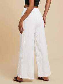 Travachic Pantalones anchos de pierna ancha de unicolor y sueltos para mujer, primavera/verano - Blanco - Ver 2