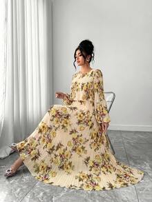 Elenzga Plus Size Spring/Summer Versatile Pleated Long Sleeve Woven Casual A-Line Dress Fall - Apricot - View 4