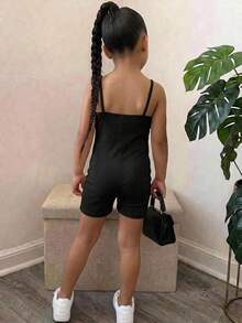 SHEIN 少女休閒街頭風時尚素色細肩帶連身褲 - 黑色 - 查看 5