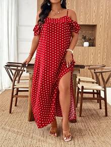 SHEIN Tall Plus Size Women's Summer Vacation Polka Dot Dress, Ruffle Collar, Suitable For Daily Outings/Romantic Long Dress/Vacation Travel - Multicolor - View 7