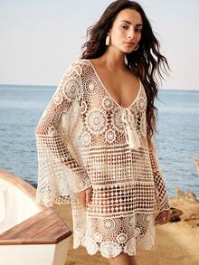 Breezaya Women's Handmade Crochet Hollow Knit Fabric Loose Mid-Length Cover-Up Dress Deep V-Neck Flare Sleeve Design Bohemian Sexy Vacation Style Golf White - Apricot - View 6