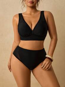 Travachic Plus Size Women's Black V-Neck High Waist Slimming Beach Bikini Set Bathing Suits For Women Summer Sexy - Black - View 3