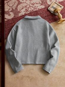 Knitted Fashionable Casual Men's Plain Long Sleeve Half Placket Loose Polo Shirt, For Friends, Fall - Grey - View 2