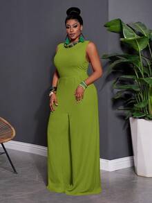 Slaydiva Early Spring Lightweight Vacation Sleeveless Solid Color Plus Size Women's Jumpsuit - Olive Green - View 3