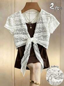 INAWLY French Vintage Lace Tie-Up Short Cover-Up And Slimming Camisole Set - Multicolor - View 5