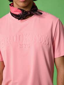FROVYX Men's Casual Letter Embossed Pink Crew Neck Short Sleeve T-Shirt, Summer, 2000s Style - Pink - View 1