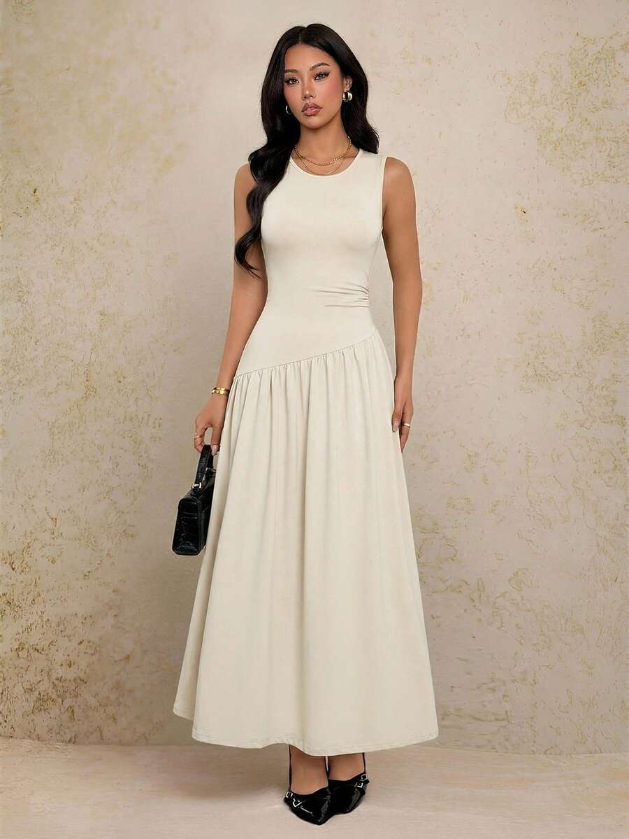 SHEIN PETITE 女款休閒無袖純色收腰長洋裝,極簡百搭,適合日常通勤、夏季、工作穿著,適合嬌小女性 - 米色 - 查看 1
