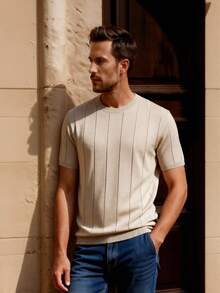 Officeau Men's Solid Color Short Sleeve Knit Vertical Striped Crew Neck Top - Apricot - View 2