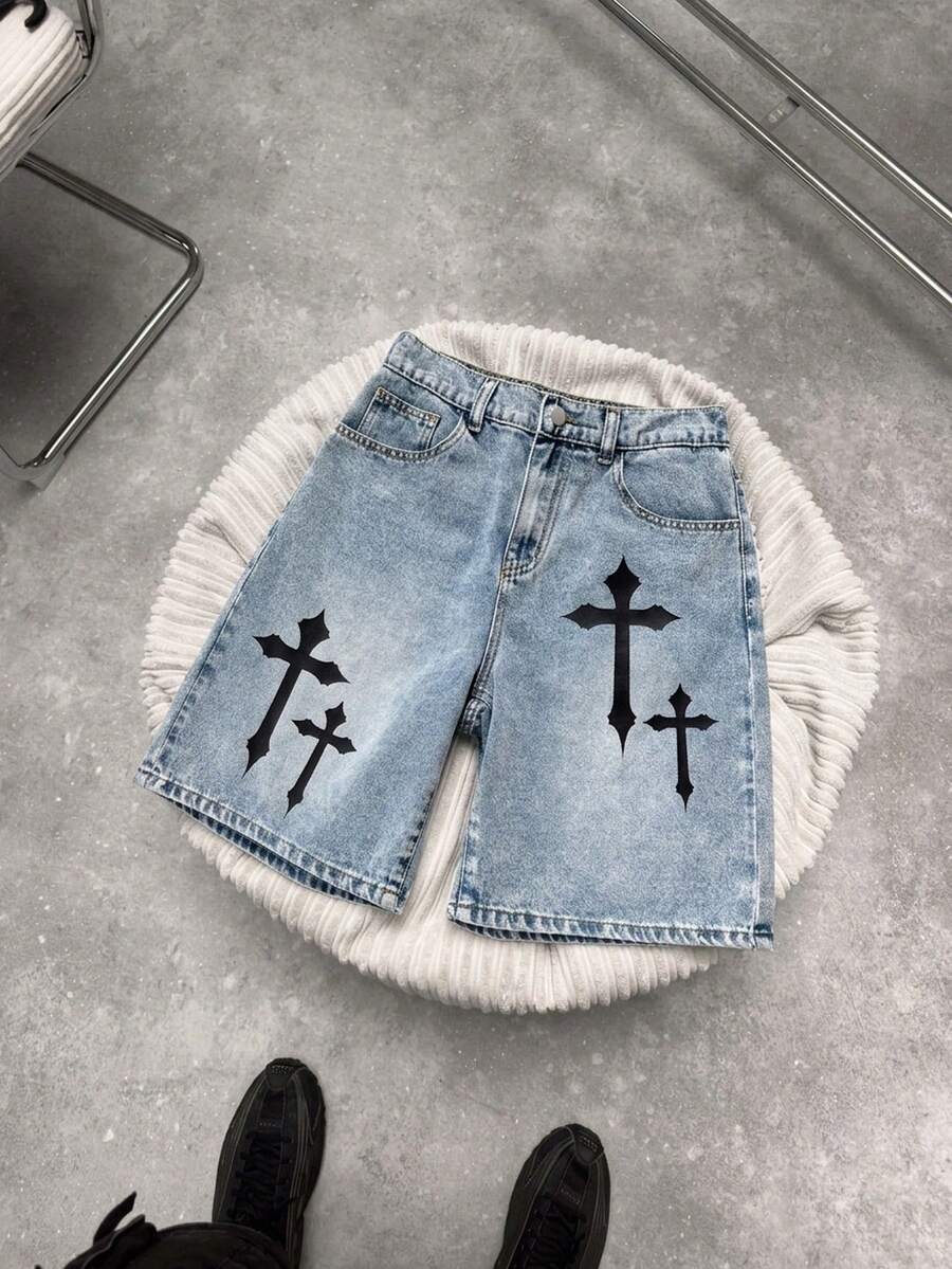 Pantalones cortos vaqueros de ajuste holgado con patrón de punto de cruz azul, estilo casual y vintage de moda para adolescentes