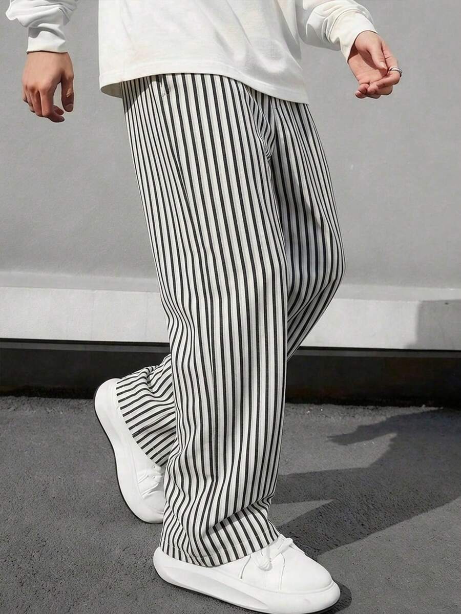 SHEIN Teen Boy Teen Boys Casual Vacation Style Straight-Leg Loose Striped Pants With Drawstring Waist, Suitable For Birthday Parties, Evening Parties, Performances, Weddings, Baptisms, Opening Ceremonies Daily Suitable For Daily Use Suitable For School Suitable For Travel Suitable For Sports Suitable For Spring And Summer Outfits - Black and White - View 1