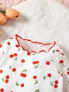 Conjunto de pijama de 2 piezas para recién nacido con patrón de dibujos animados lindo, cuello redondo con volantes, manga corta, tejido de punto, ajuste cómodo (Dos piezas) - Rojo - Ver 7
