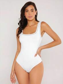 SHEIN BASICS Body ajustado de moda para mujer con diseño de remaches y cuello cuadrado - Blanco - Ver 9