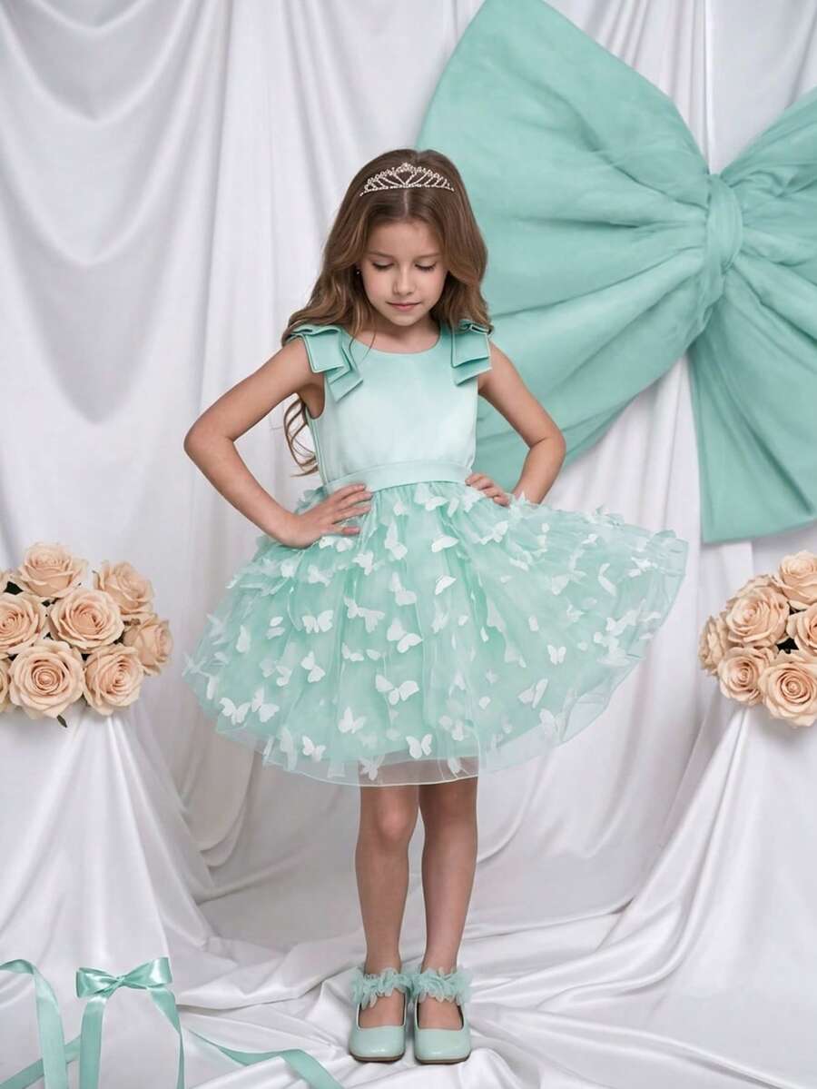 Glamorique Kids 女童绿色露肩蝴蝶结上衣和蝴蝶网纱裙选美正式礼服 - 綠色 - 查看 1