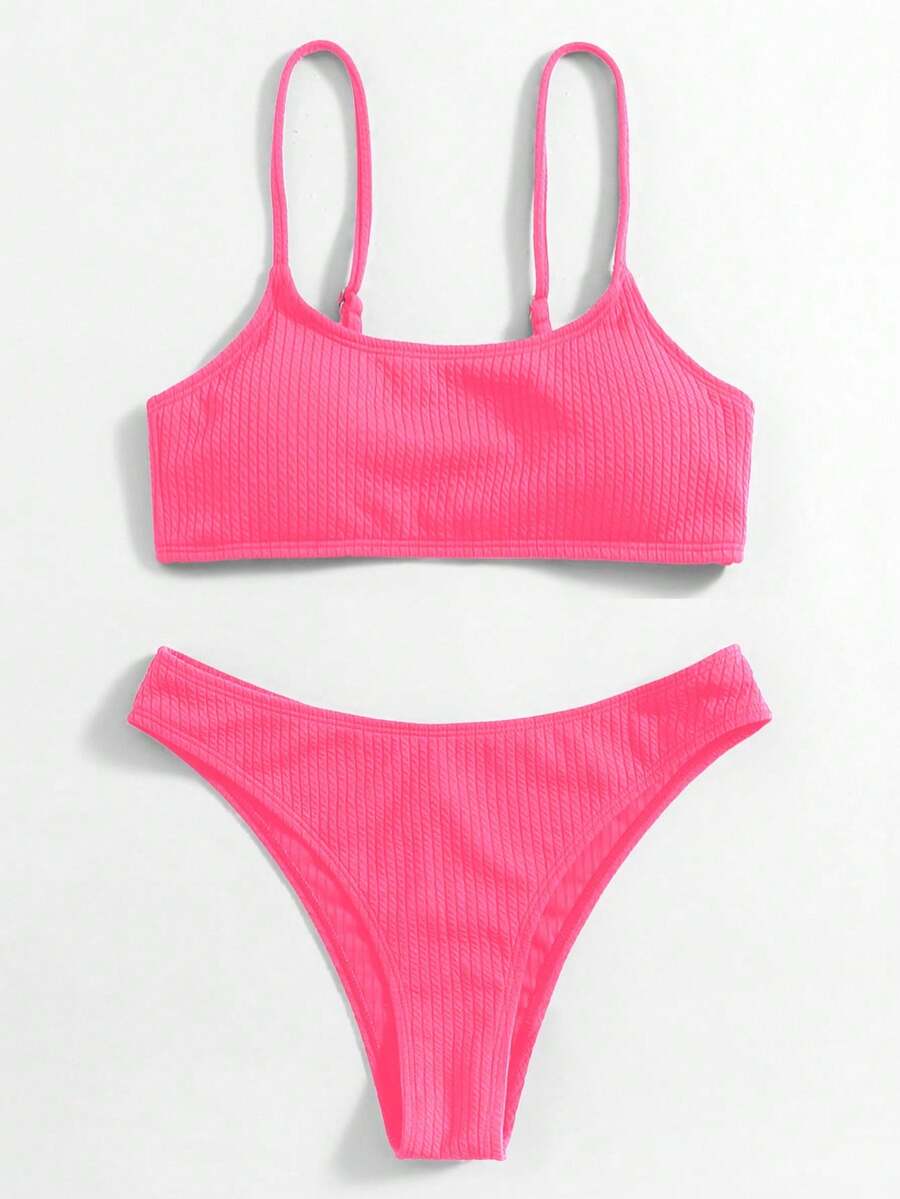 Swim Mod Bộ đồ bơi nữ 2 món tách rời, áo cổ tròn dây mảnh màu trơn chất liệu vân nổi và quần bikini tam giác - Màu đỏ anh đào - Xem 1