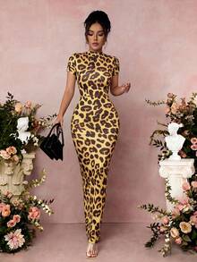 Rafferiza Women's Spring/Summer Ruched Waist Leopard Print Vacation Beach Long Sleeve Dress Slim Fit - Yellow - View 4