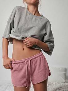 WESTFADE Drawstring Waist Rib Knit Casual Lounge Pink Shorts - Pink - View 6