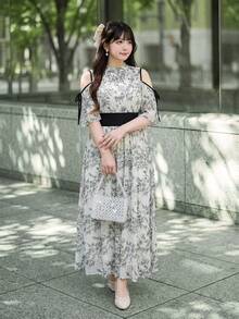 Bijouette 大尺碼黑色水墨印花露肩收腰洋裝，適合通勤、茶會、派對、婚禮賓客與約會，夏季優雅 - 黑與白 - 查看 8