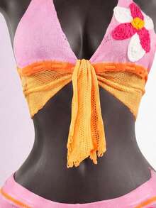 SaltGleam SaltGleam European And American Sexy Summer Beach New Fashion Hot Girl Knit Colorblock Halter Top And Shorts Set - Pink - View 6
