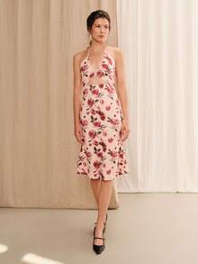 lacRébo Fitted Floral Knit Midi Dress, Ruched Bust Design, Fashionable Summer Vacation Casual Style - Multicolor - View 6