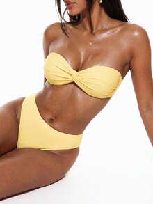 Swim Basics Women's Solid Color Twist Front Bandeau Bikini Top, Summer Beach - Beige - View 4